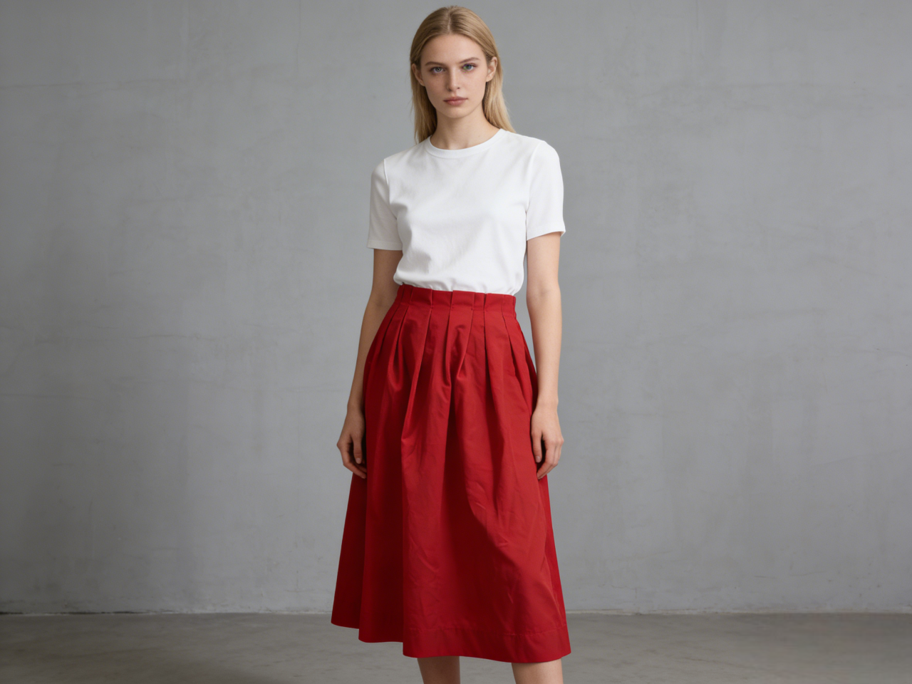 ZARA Bright Red Structured Pleated Midi Skirt Size M