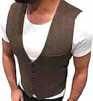 Men's V Neck 5 Buttons Herringbone Formal Casual Suit Vest Wool Tweed Waistcoat Business Coat Top Vest for Wedding Prom Size XL