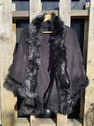 Faux Fox Fur Trim Cardigan Cloak Shawl Wraps Winter Poncho Oversized Cape
