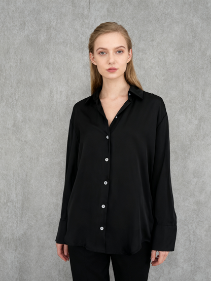 ZARA Women's Elegant Black Silk Button-Up Blouse – Size S