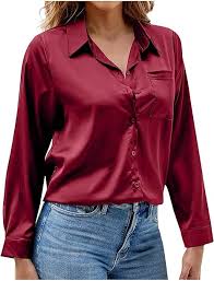 Satin Button Shirts for Women Solid Color Long Sleeve Slim Fit Office Blouses Casual Business Silk Tops with Pocket  Size M