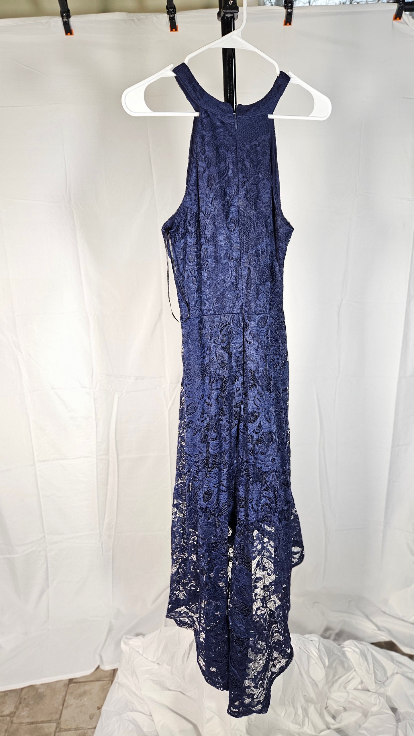 Dressystar Halter Floral Lace Hi-Lo Dress Navy size L