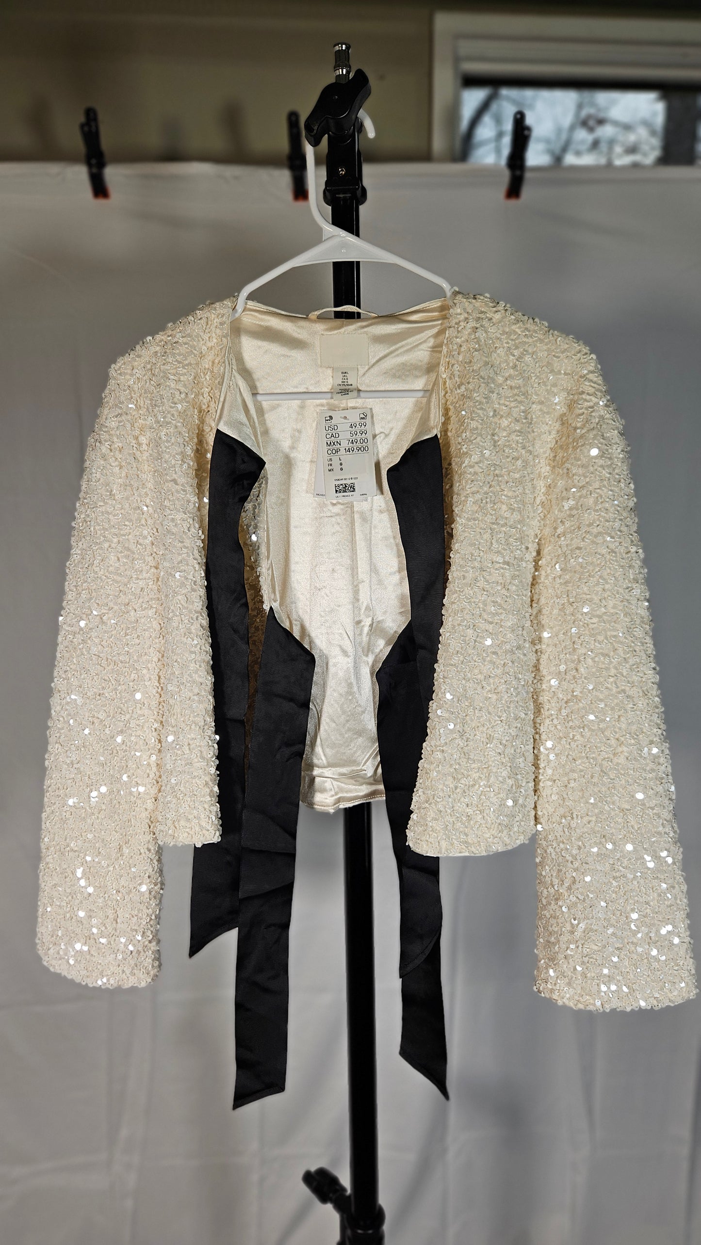 Women White Fragrant Jacket Retro Bow Ribbon Coat Flip Collar French Light Versatile Classic Top  size L