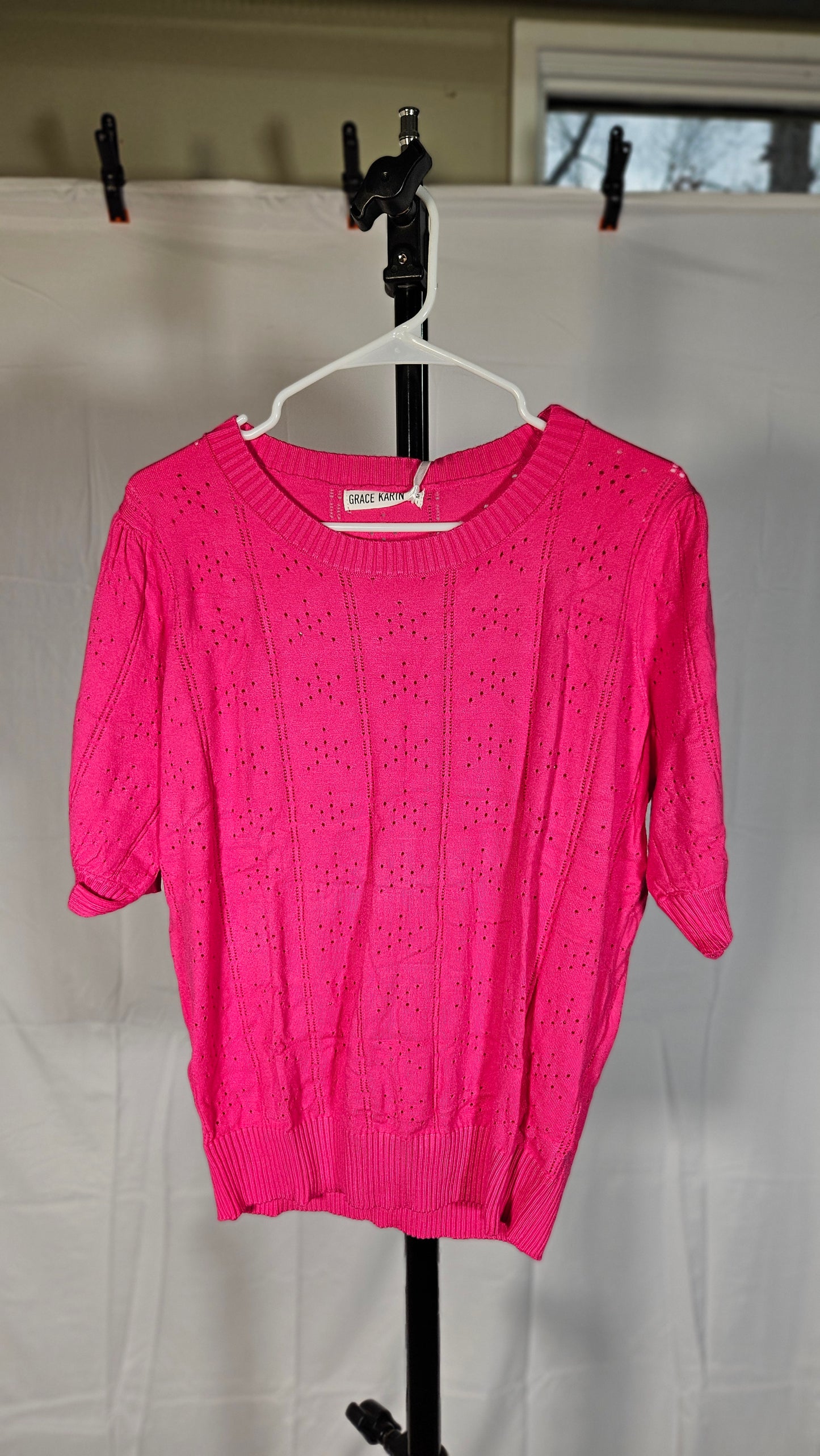 grace karin Womens Lightweight Puff Short Sleeve Knit T-Shirts Square Neck Tops Thin Pullover Sweater Summer Blouse, Watermelon Red, Medium  Size M