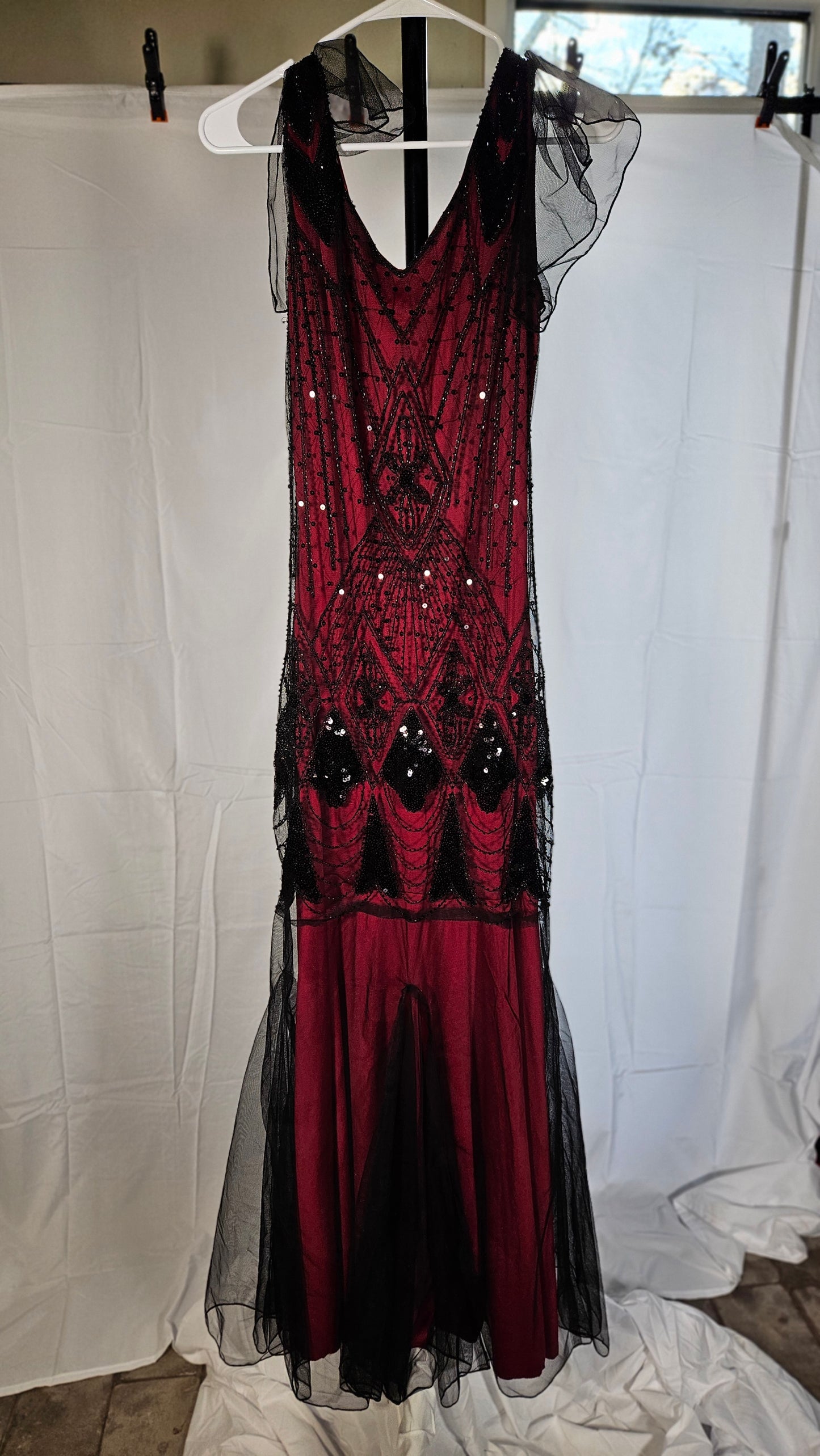 Women's 1920s Vintage V Neck Short Sleeve Dress Sheer Formal Party Dress Vest Beaded Sequin Maxi Dress Size S