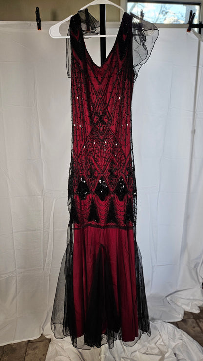 Women's 1920s Vintage V Neck Short Sleeve Dress Sheer Formal Party Dress Vest Beaded Sequin Maxi Dress Size S