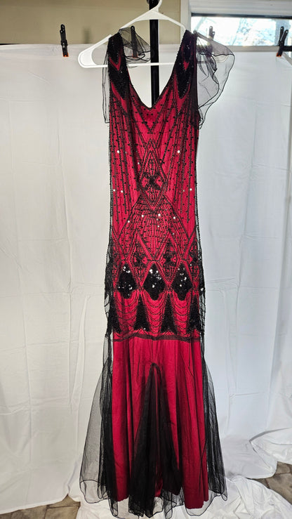 Women's 1920s Vintage V Neck Short Sleeve Dress Sheer Formal Party Dress Vest Beaded Sequin Maxi Dress Size S