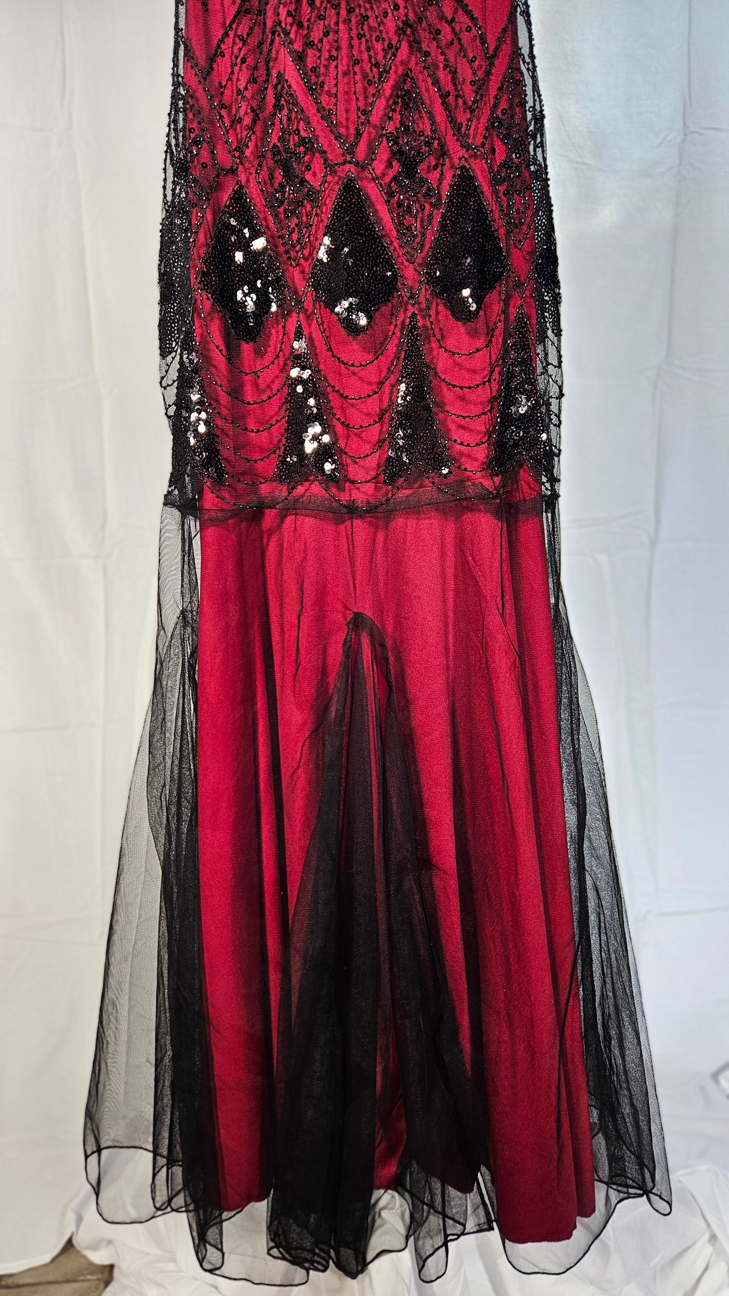 Women's 1920s Vintage V Neck Short Sleeve Dress Sheer Formal Party Dress Vest Beaded Sequin Maxi Dress Size S