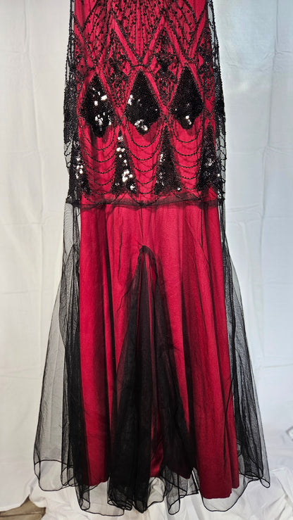 Women's 1920s Vintage V Neck Short Sleeve Dress Sheer Formal Party Dress Vest Beaded Sequin Maxi Dress Size S