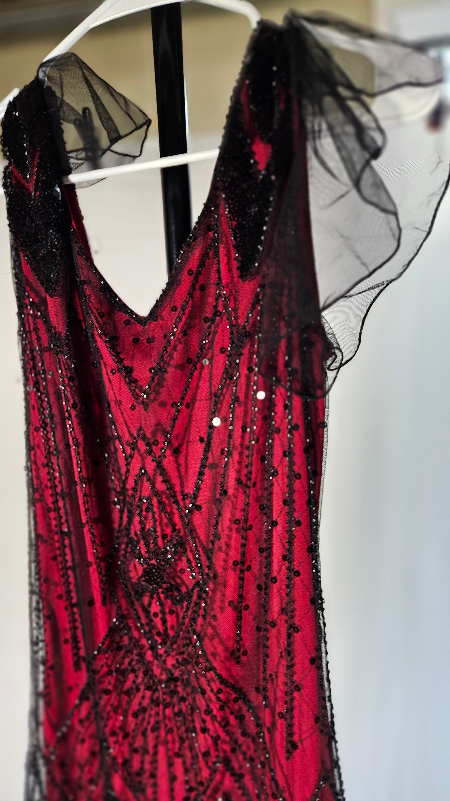 Women's 1920s Vintage V Neck Short Sleeve Dress Sheer Formal Party Dress Vest Beaded Sequin Maxi Dress Size S