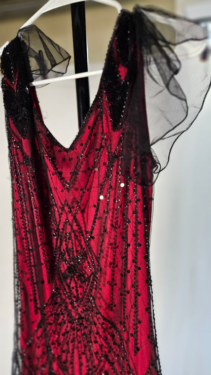 Women's 1920s Vintage V Neck Short Sleeve Dress Sheer Formal Party Dress Vest Beaded Sequin Maxi Dress Size S