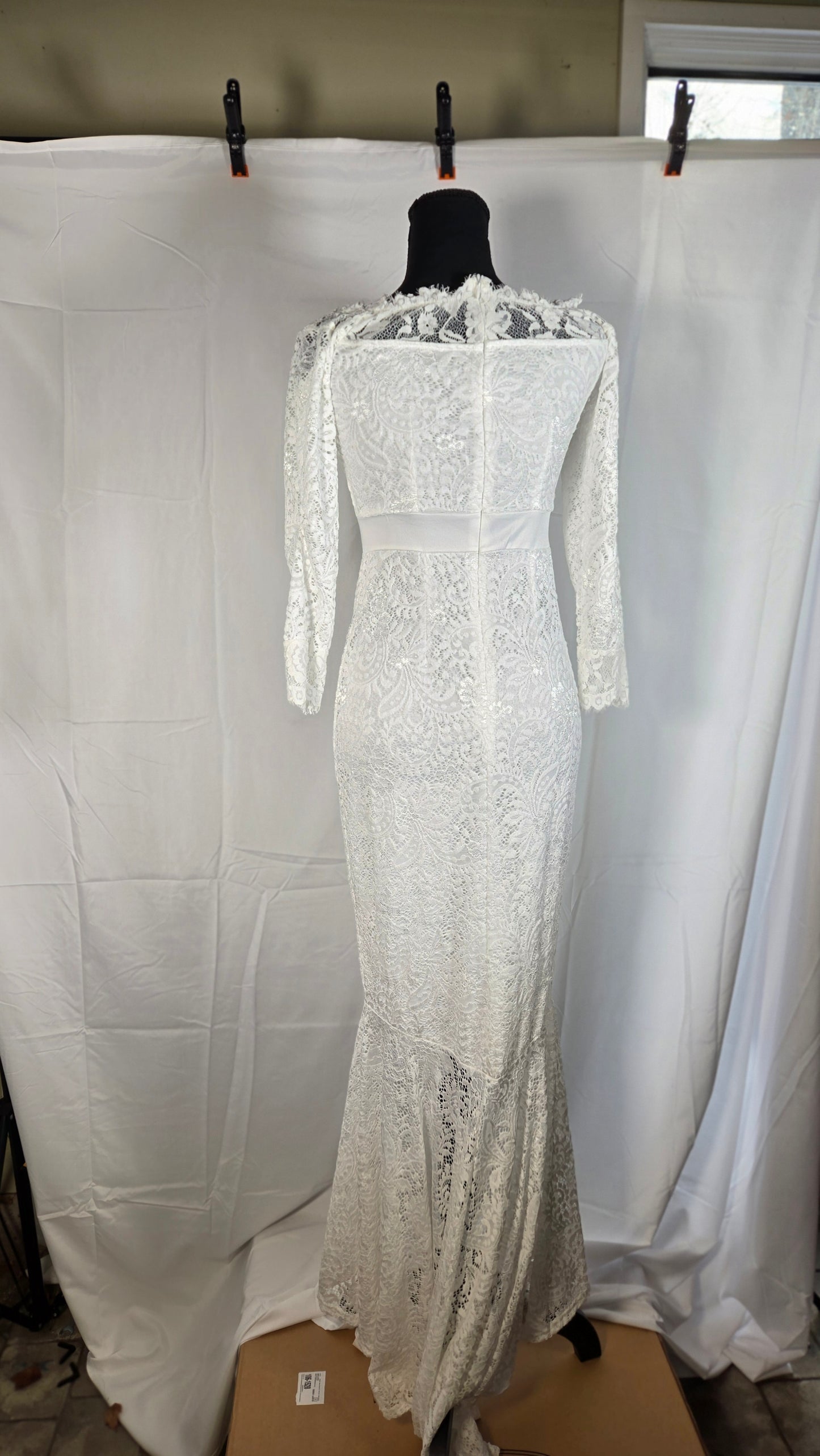 Lace Mermaid Wedding Dress Bateau Neck Long Sleeves Illusion Back with Buttons Bridal Gowns Size No