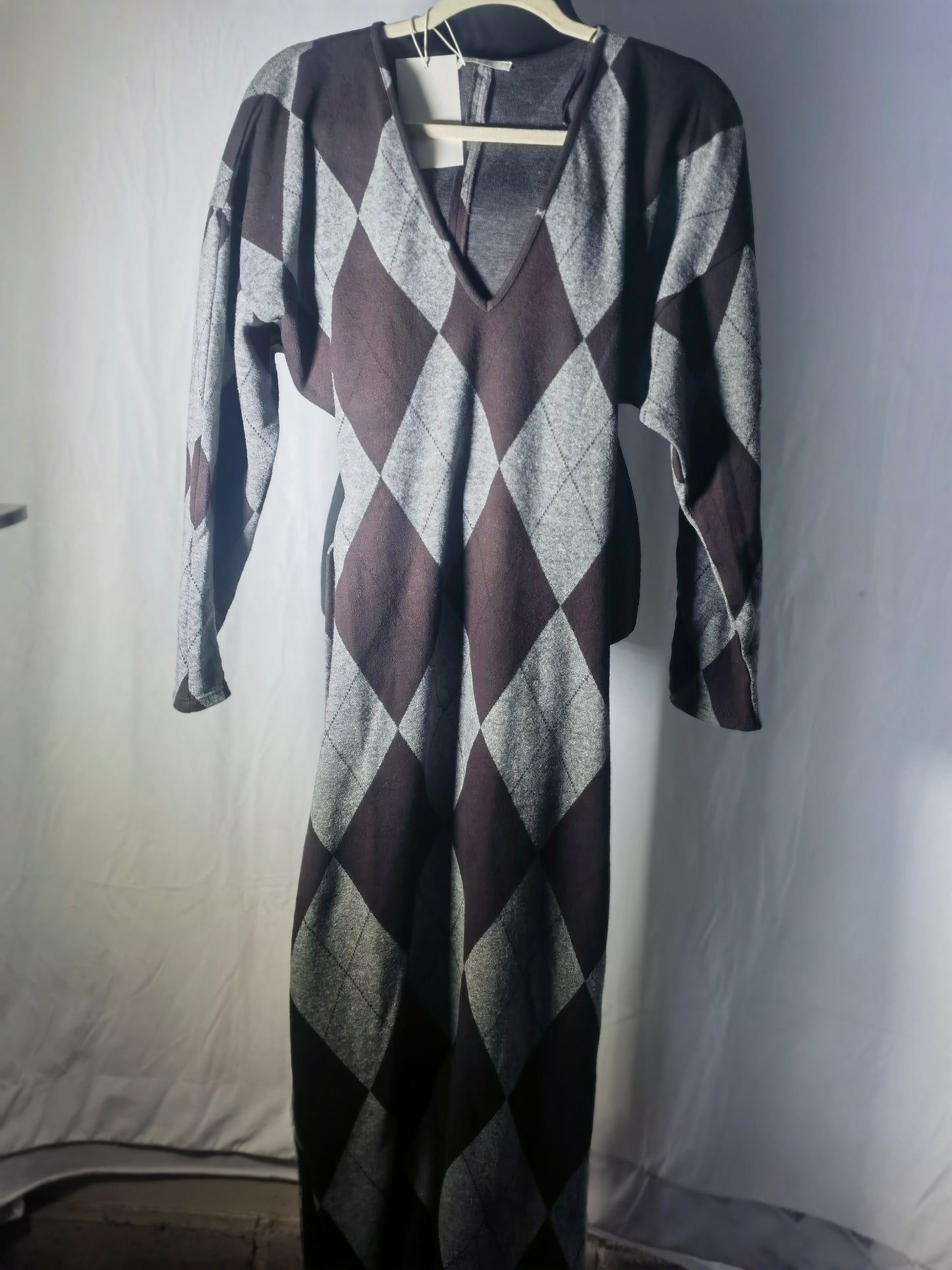 BELTED MIDI DRESS, gray and purple, with sleeves, size M