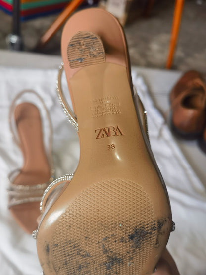 HIGH-HEELED VINYL SANDALS WITH SHINY DETAIL size 38