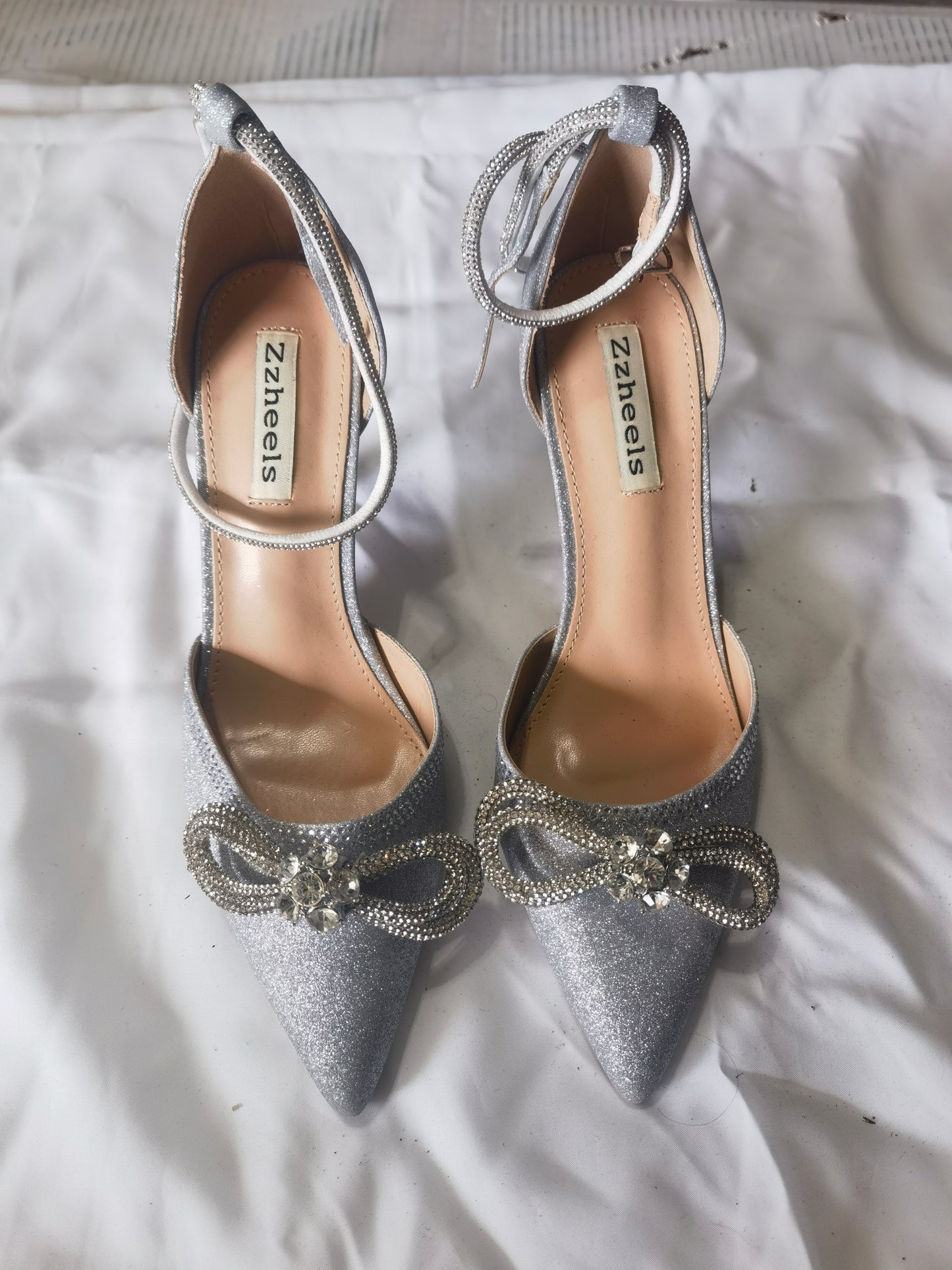 Zzheels Women's Wedding Heels Sparkly Rhinestone Stiletto Pumps Bow Heels Pointed Toe Ankle Strap High Heels Bridal Party Dress Shoes size 8