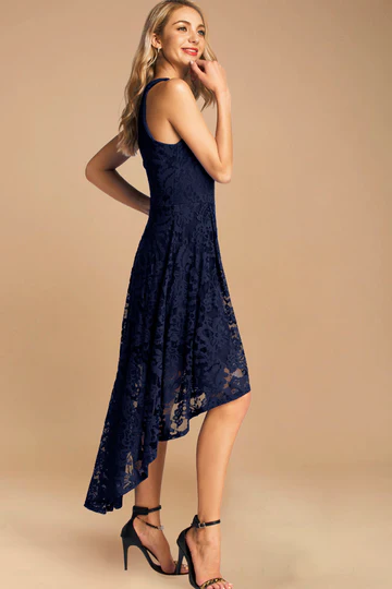 Dressystar Halter Floral Lace Hi-Lo Dress Navy size L
