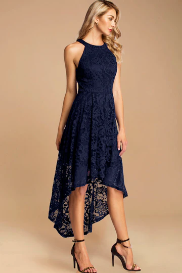 Dressystar Halter Floral Lace Hi-Lo Dress Navy size L