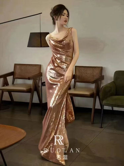 Women's Gold Sequined Maxi Dress