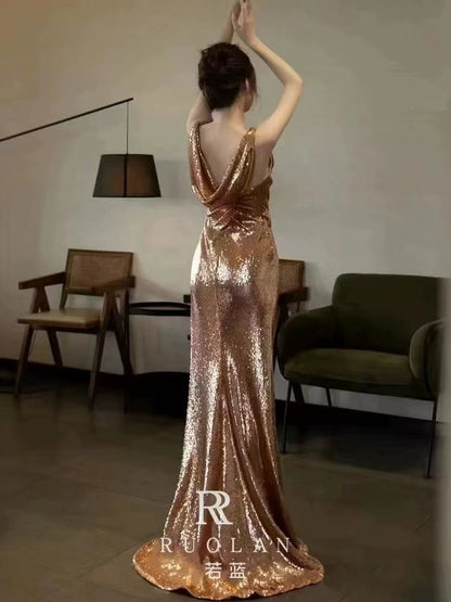 Women's Gold Sequined Maxi Dress