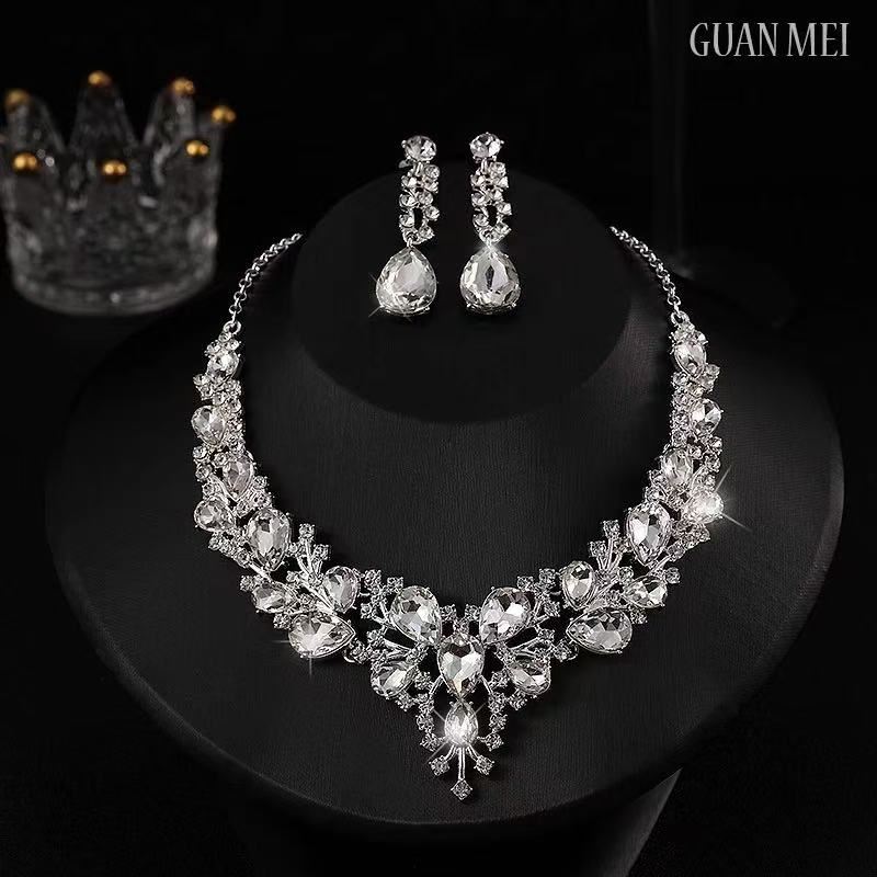 Women's V-Shaped Pave Diamond Tiara Necklace and Silver Earrings