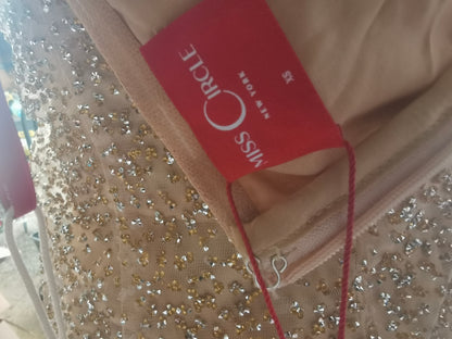 miss ircle Lainey Gold Satin Sequin Pearls Beaded Maxi DressSize XS