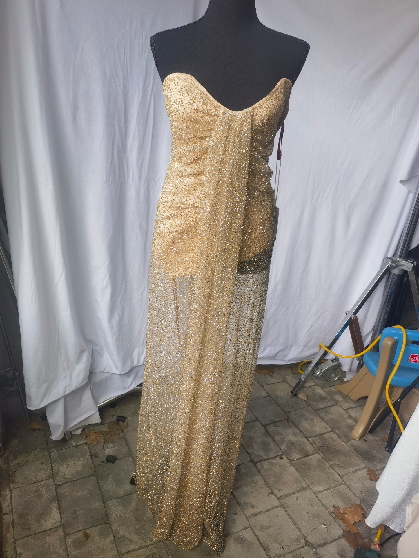 miss ircle Lainey Gold Satin Sequin Pearls Beaded Maxi DressSize XS