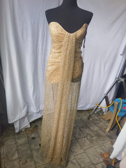 miss ircle Lainey Gold Satin Sequin Pearls Beaded Maxi DressSize XS