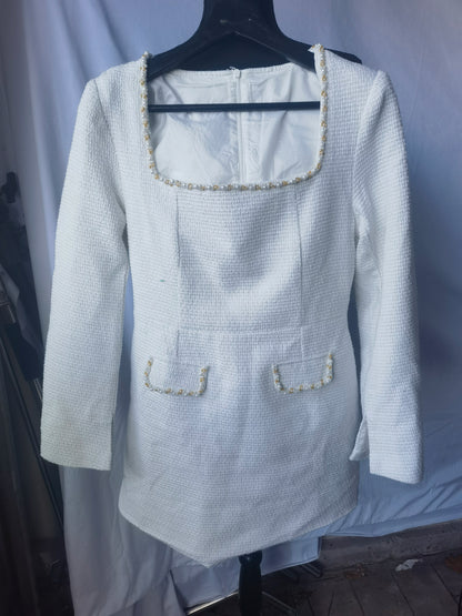 SHEIN Clasi Women's Elegant Quality Solid Boucle Flap Collar Short Dress tweed pearl embellished mini dress with Chanel style, size not available