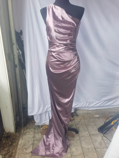 ADYCE Elegant Solid Color Oblique Shoulder Pleated High Slit Homecoming Party Long Dress size L