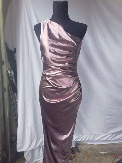 ADYCE Elegant Solid Color Oblique Shoulder Pleated High Slit Homecoming Party Long Dress size L