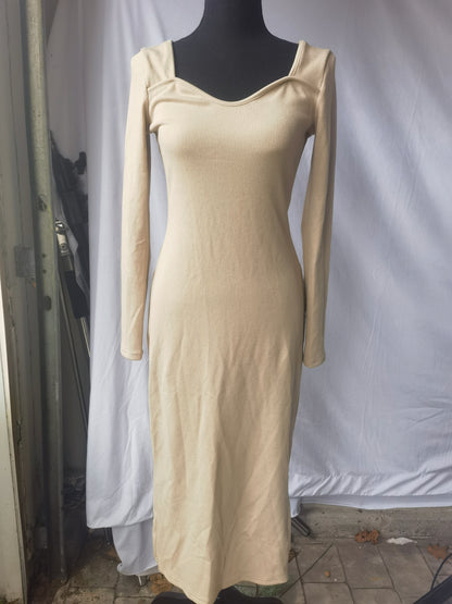 Bodycon Maxi Dresses for Women 2024 Square Neck Long Sleeve Knit Ribbed Fall Sexy Tight Fitted Dress Size M