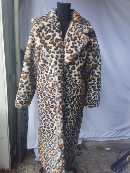 DJBM Women's Sexy Elegant Vintage Leopard Print Lapel Faux Fur Long Maxi Coat Jacket  size M