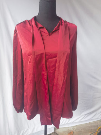 SHEIN  Women's red PETITE Women Solid Color Satin Simple Shirt With Asymmetric Hem Size 4