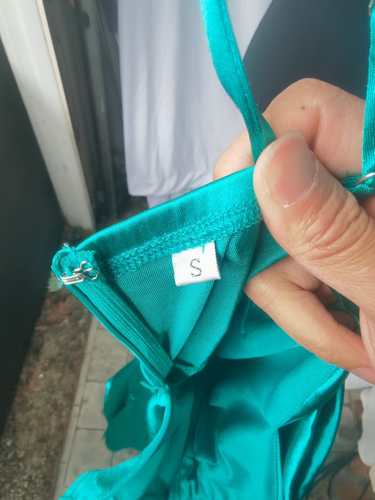 SHEIN Women'sCrisscross Backless Split Thigh Satin Cami  turquoise thin strap high slit drape satin long skirt size S