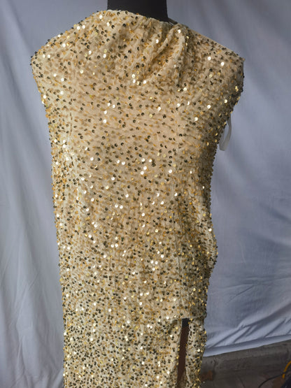 Women's Gold Mermaid Sequin Prom Dresses Long  Feather Hem Formal Evening Party Dress for Women with Sexy Slit Size No