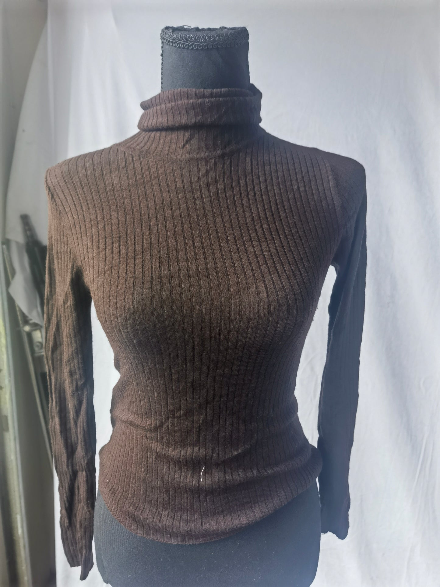MANGO Women's dark brown high collar pile pleated knitted Turtle neck  sweater size S