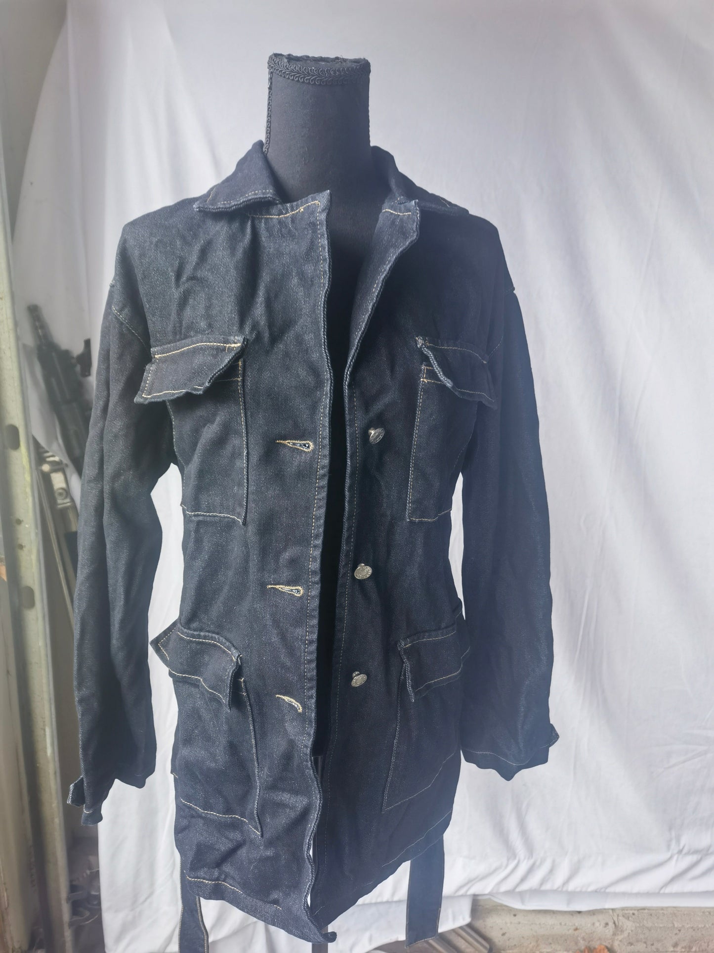 women's navy blue classic lapel multi-pocket denim jacket size 4