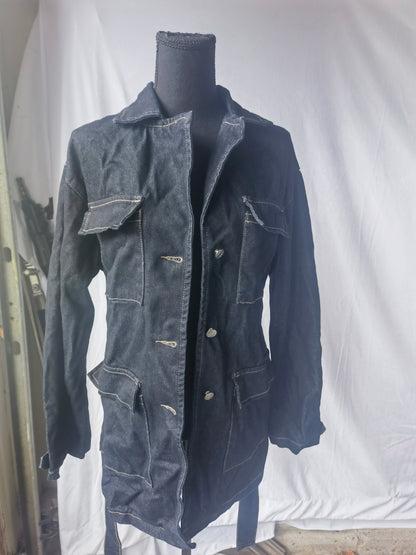 women's navy blue classic lapel multi-pocket denim jacket size 4