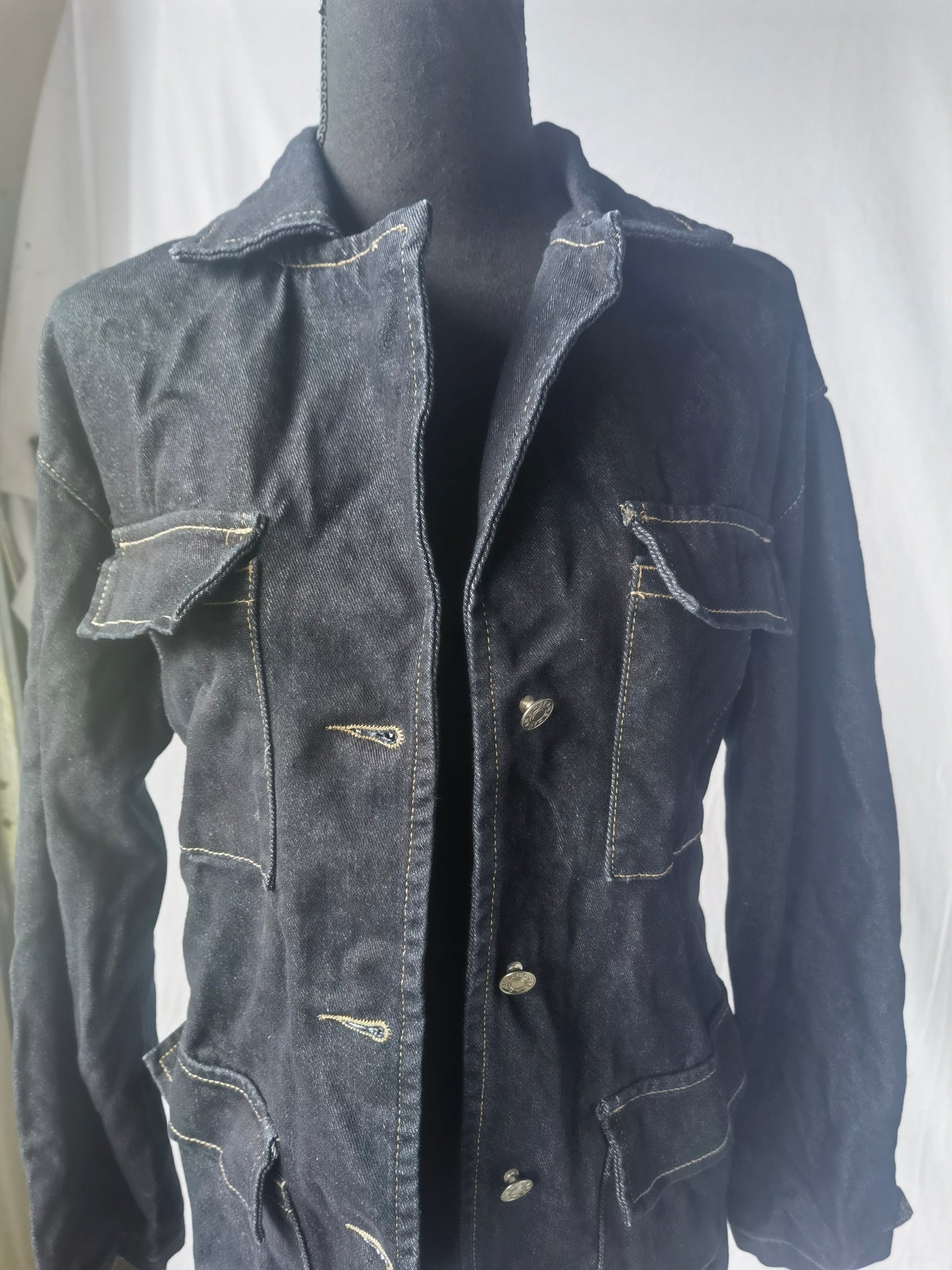 women's navy blue classic lapel multi-pocket denim jacket size 4