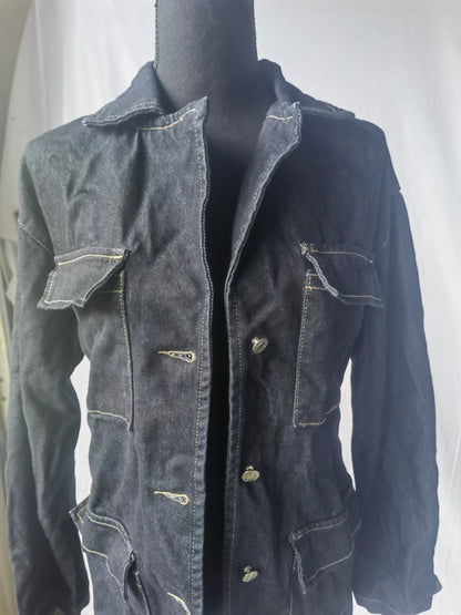women's navy blue classic lapel multi-pocket denim jacket size 4