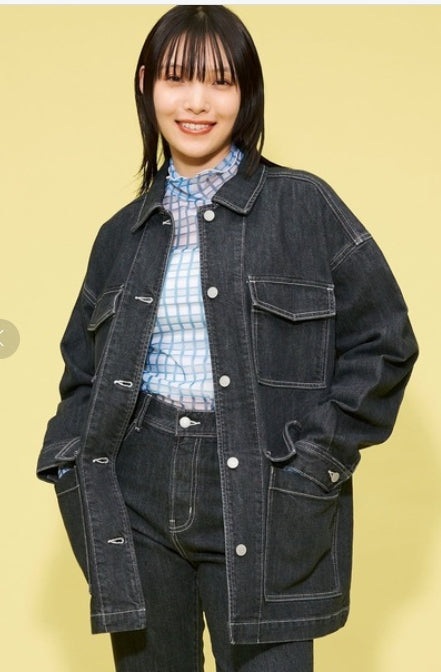 women's navy blue classic lapel multi-pocket denim jacket size 4