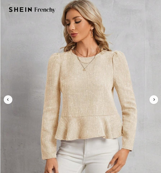 SHEIN Frenchy Women's Solid Button Back Puff Sleeve Ruffle Hem Shirt Size XS