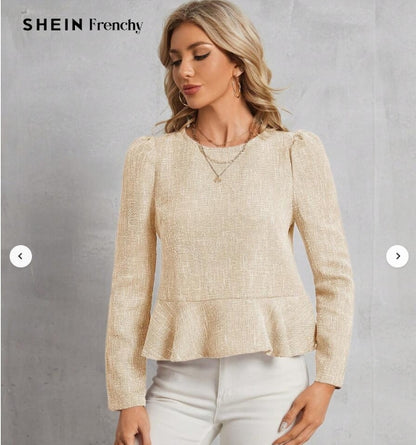 SHEIN Frenchy Women's Solid Button Back Puff Sleeve Ruffle Hem Shirt Size XS