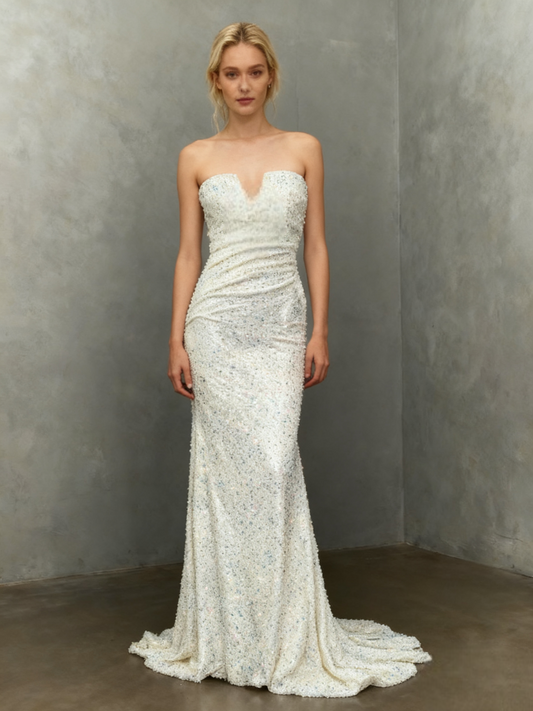 Silver Sequin Strapless Long Dress Size No
