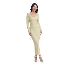 Bodycon Maxi Dresses for Women 2024 Square Neck Long Sleeve Knit Ribbed Fall Sexy Tight Fitted Dress Size M