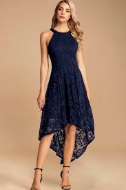 Dressystar Halter Floral Lace Hi-Lo Dress Navy size L