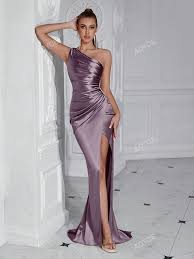 ADYCE Elegant Solid Color Oblique Shoulder Pleated High Slit Homecoming Party Long Dress size L