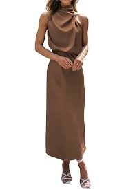 PRETTYGARDEN Women's Long Formal Satin Dress Mock Neck Sleeveless Side Slit Flowy Maxi Tank Dresses Size S