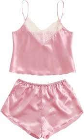 Sexy Women's Pajama Set Spaghetti Strap Top with Pants Nightgown Lingerie Lace Trimmed Short Sleeve Sleepwear Negligee Satin Night Dresses Sleep Dress size S