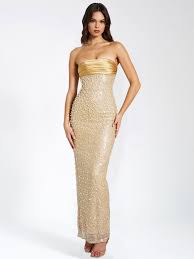 miss ircle Lainey Gold Satin Sequin Pearls Beaded Maxi DressSize XS
